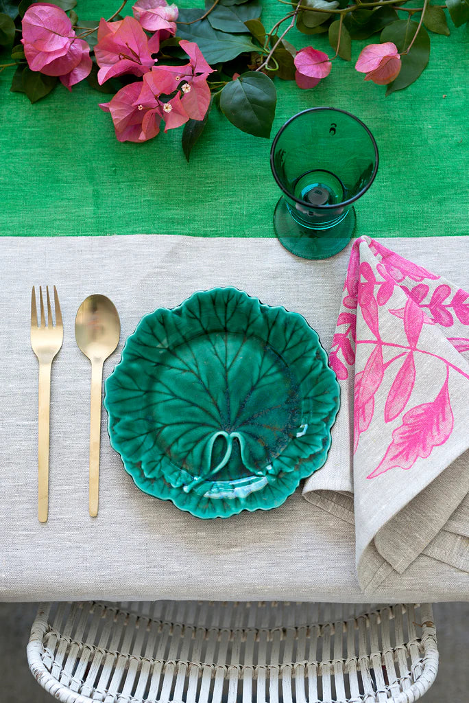 Green colour block linen table cloth