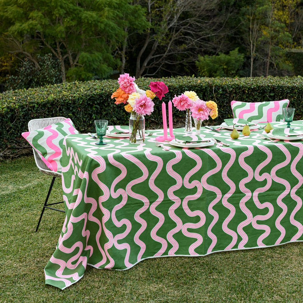 Green + Highlighter Pink Spaghetti Linen Tablecloth