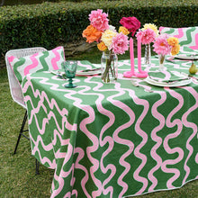 Load image into Gallery viewer, Green + Highlighter Pink Spaghetti Linen Tablecloth

