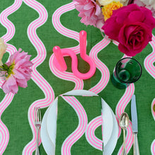 Load image into Gallery viewer, Green + Highlighter Pink Spaghetti Linen Tablecloth
