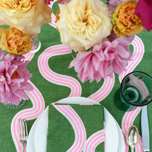 Load image into Gallery viewer, Green + Highlighter Pink Spaghetti Linen Tablecloth
